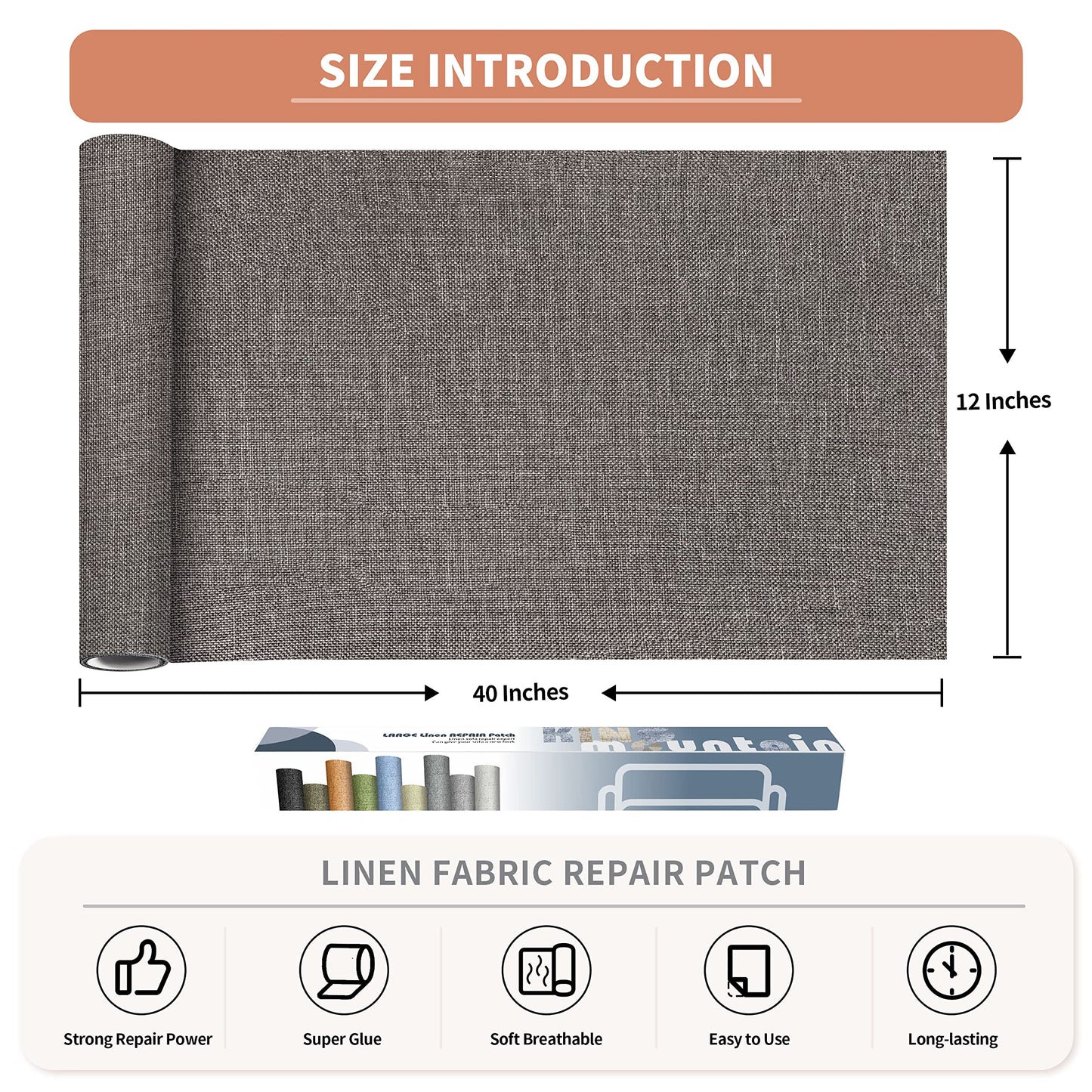 KING MOUNTAIN Fine Linen Repair Patches, Self-Adhesive Linen Fabric Patches, 12X40 inch Extra Size, Multi Color, Can be Used for Linen Sofa Repair(12" x 40",Cream-Gray)
