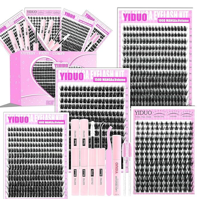 YIDUO Manga Lash Clusters Kit 4 Styles Spiky Volume Clusters Lashes Extensions Kit with 2X Bond and Seal 887Pcs Wispy Eyelash Clusters Kit Thick 100D+150D+Wide Soft Thin Band Cluster Lash Kit