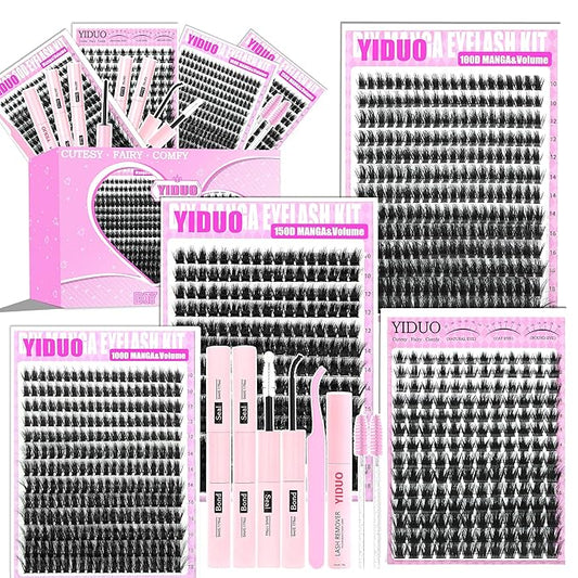 YIDUO Manga Lash Clusters Kit 4 Styles Spiky Volume Clusters Lashes Extensions Kit with 2X Bond and Seal 887Pcs Wispy Eyelash Clusters Kit Thick 100D+150D+Wide Soft Thin Band Cluster Lash Kit