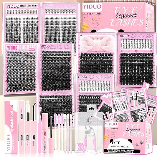 YIDUO 8 Styles Mix Lashes Clusters Kit 4 Box Cluster Lash Book Kit with Bond&Seal 1888Pcs 100D/200D/300D Volume Manga Eyelash Extension with Spikys/Bottom lash Kit for Beginners DIY at Home Easily