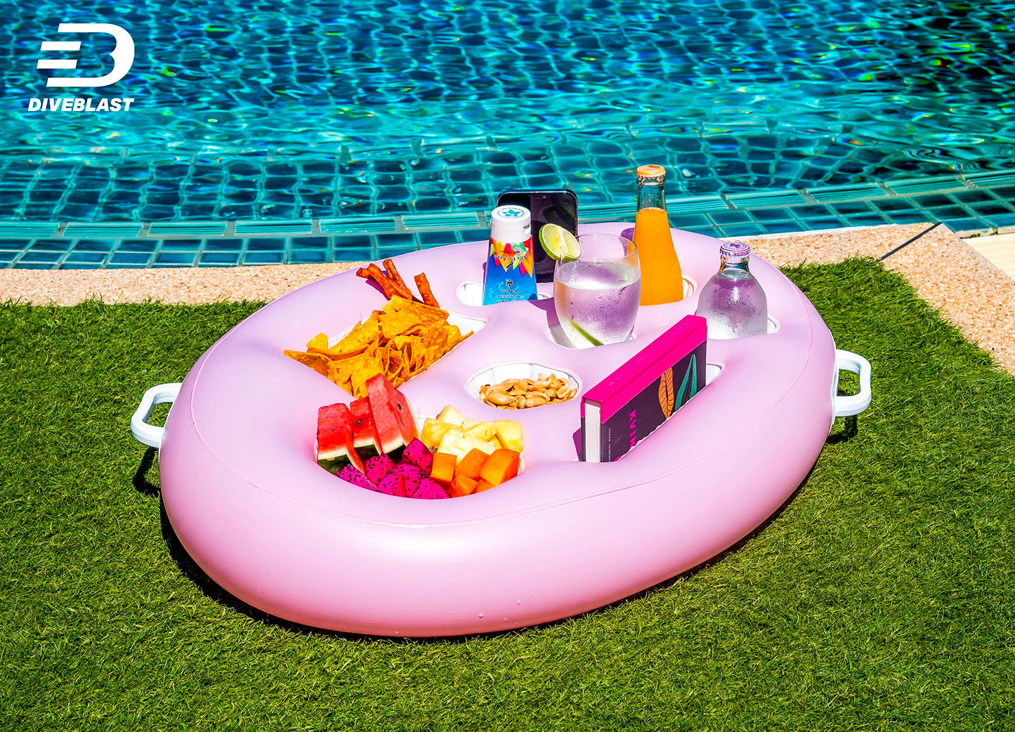 DIVEBLAST: Pink Floating Table for Pool - Hot Tub Accessories for Adults - Holds Up to 50 LBS - Pool Stuff for Mom, Cool and Unique Drink Floaties