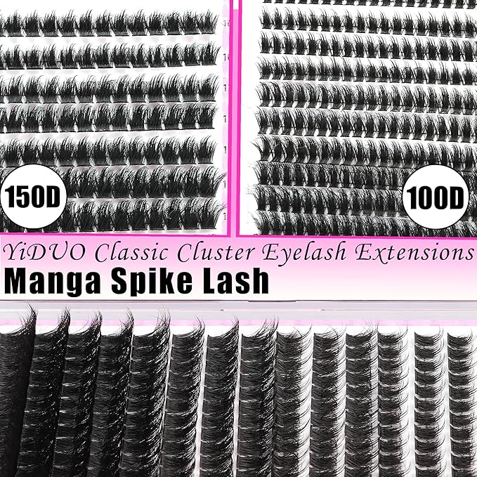 YIDUO Manga Lash Clusters Kit 4 Styles Spiky Volume Clusters Lashes Extensions Kit with 2X Bond and Seal 887Pcs Wispy Eyelash Clusters Kit Thick 100D+150D+Wide Soft Thin Band Cluster Lash Kit
