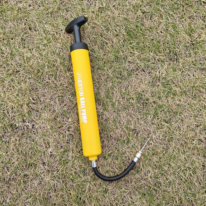 Ball Pump with Needle Storage in Handle - 5 Metal Needles, Flexible Hose - for Soccer, Basketball, Volleyball, Handball - Yellow