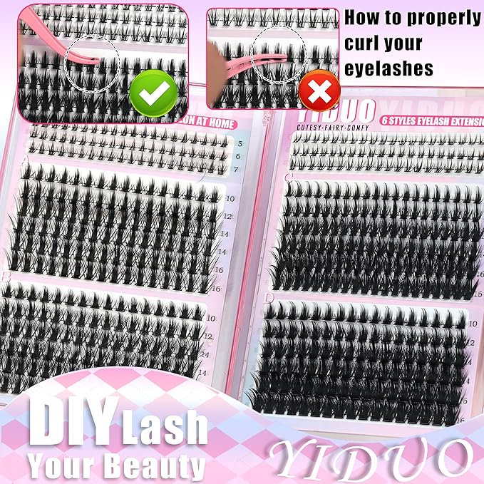 YIDUO Manga Lash Clusters Kit 40D+60D+80D+100 Fairy Spikes+Bottom Clusters Lashes Extensions Kit with 2X Bond and Seal 1094 Pcs 8-18mm Wispy Individual Eyelash Cluster Kit DIY at Home Easily