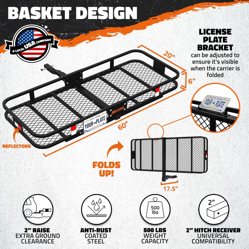 Mockins Folding Luggage Rack for SUV Car Truck ATV & More | 500 Lb. Capacity 6" Raised Shank Steel Trailer Hitch Cargo Carrier 48"x20"x6" w/ 15 Cu Ft Waterproof Cargo Bag & Accessories