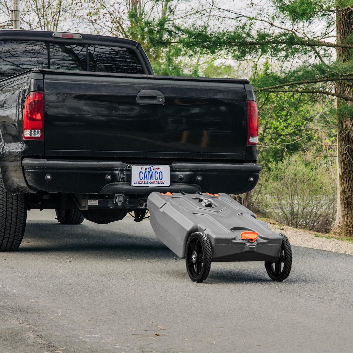 Camco Rhino 21-Gallon RV Portable Waste Tank - Features Large Heavy-Duty No-Flat Wheels & Low Drain Hole - Includes Removable Steel Tow Adapter, 3’ Sewer Hose & More RV Accessories (39002)