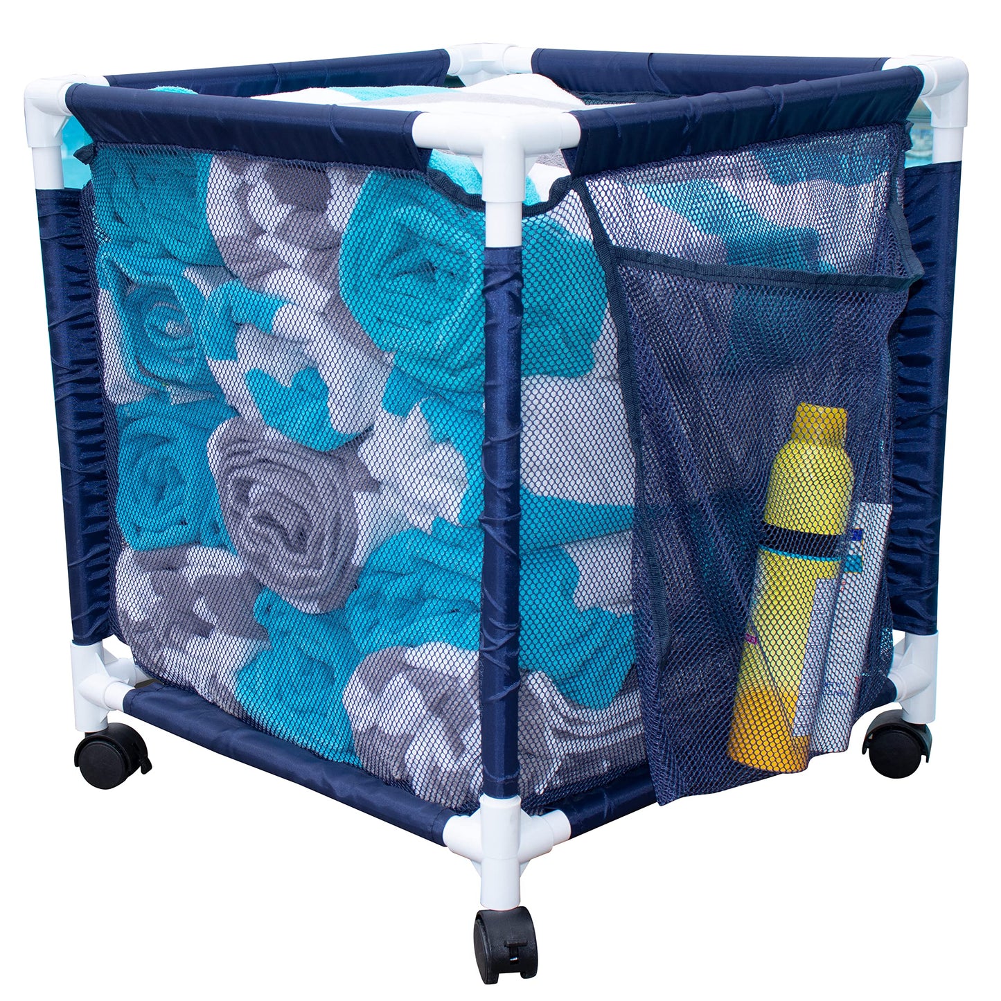 Essentially Yours Rolling Pool Storage Small Organizer Bin, (18" W x 18" L x 20" H), Blue / White Style 417244