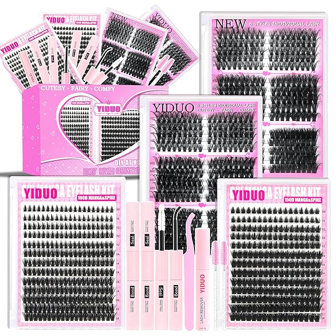 YIDUO Lash Clusters Kit 1021Pcs Volume Clusters Lashes Extensions with 2X Bond and Seal cat eye 50D/60D/80D + Manga 100D/150D Spikes Eyelash Cluster Kit 10-18mm Wispy Individual Lash DIY at Home
