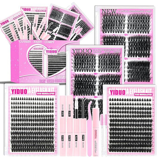 YIDUO Lash Clusters Kit 1021Pcs Volume Clusters Lashes Extensions with 2X Bond and Seal cat eye 50D/60D/80D + Manga 100D/150D Spikes Eyelash Cluster Kit 10-18mm Wispy Individual Lash DIY at Home