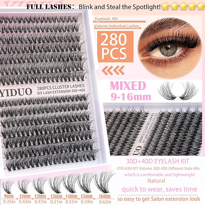 YlDUO Lashes Clusters Kit 7 style Mix Clusters Eyelashes Extensions 835Pcs Volume Lashes Clusters Kit 9-18mm Wispy DIY Individual Fake Eyelash Extensions Kit DIY at Home Easily