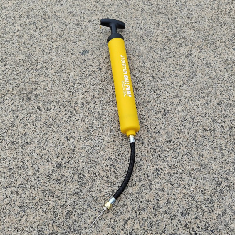 Ball Pump with Needle Storage in Handle - 5 Metal Needles, Flexible Hose - for Soccer, Basketball, Volleyball, Handball - Yellow