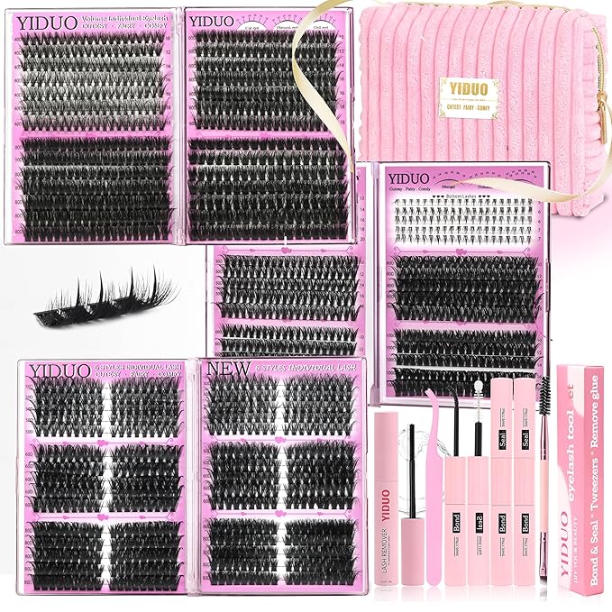 YIDUO Lash Cluster Kit Makeup Bag Set 1686pcs 40D+50D+60D+80D+100+Spikes+Bottom Full Eyelash Cluster Kit Volume Wispy 10-20mm DIY Lashes Extensions with 2X Bond&Seal DlY at Home