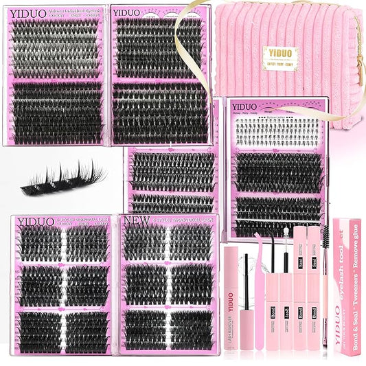 YIDUO Lash Cluster Kit Makeup Bag Set 1686pcs 40D+50D+60D+80D+100+Spikes+Bottom Full Eyelash Cluster Kit Volume Wispy 10-20mm DIY Lashes Extensions with 2X Bond&Seal DlY at Home