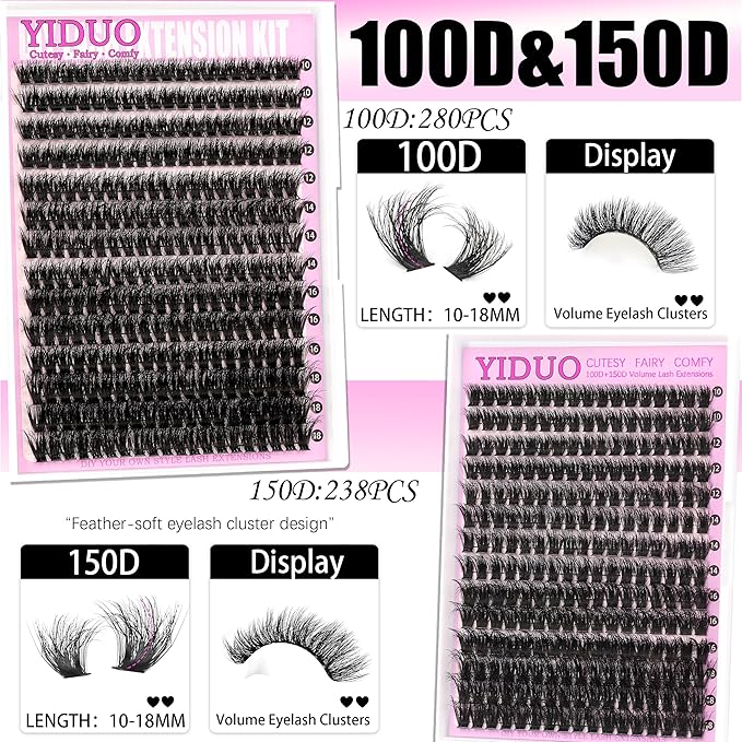 YIDUO 4 Styles Lash Clusters Kit 60D+80D+100D+150D Volume Clusters Lashes Extensions Kit with 2 X Bond and Seal 10-18mm Wispy D Curvature Full Individual Eyelash Extensions Kit DIY at Home Easily