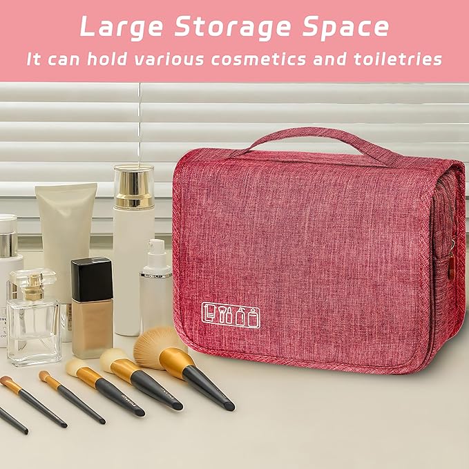 Toiletry Bag Travel Bag with Hanging Hook, Waterproof Capacity Hanging Multifunctional Makeup Bag for Toiletries, Portable Cosmetic Bag Travel Organizer for Women and Men (Red)