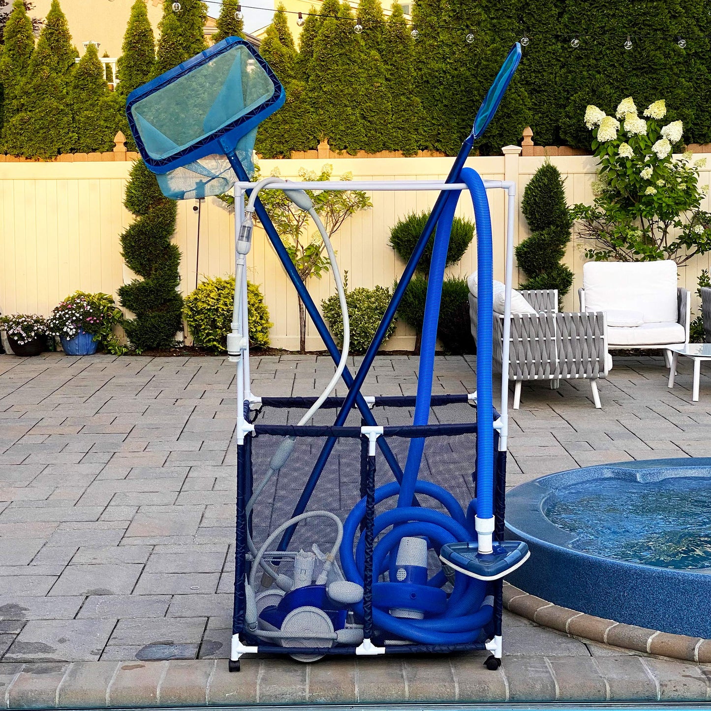 Essentially Yours Pool Equipment Holder with Towel Drying Bars, Mesh Rolling Pool Storage Organizer Bin, Extra Large with Towel Hanger, (34.5" W x 25" L x 62.6" H), Blue/White Style 418566