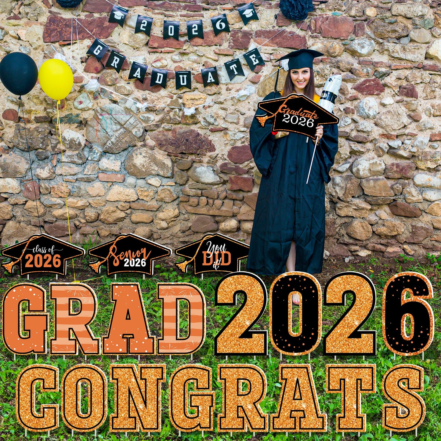 20 Pieces Graduation Yard Signs 2026, Class of 2026 Congrats Grad Yard Sign, Orange Congratulations Yard Signs with Stakes, Plastic Graduation Yard Decorations for College School GRAD Party Supplies