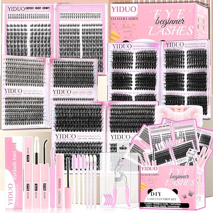 YIDUO 1916Pcs Lashes Clusters Kit 4 Box Cluster Lash Book Kit Gift Packs with Bond&Seal Tool Kit 30D-100D Volume Manga Cluster Eyelash Extension with Bottom Individual False Eyelashe Kit, De Pestañas