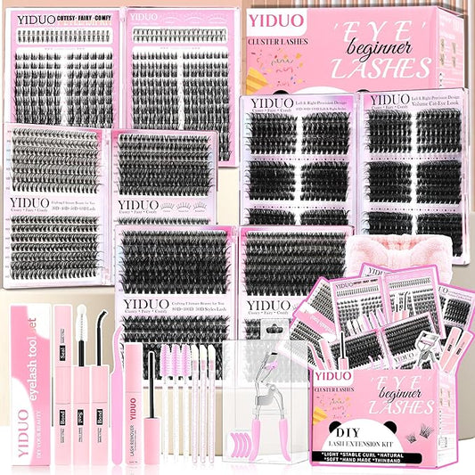 YIDUO 1916Pcs Lashes Clusters Kit 4 Box Cluster Lash Book Kit Gift Packs with Bond&Seal Tool Kit 30D-100D Volume Manga Cluster Eyelash Extension with Bottom Individual False Eyelashe Kit, De Pestañas