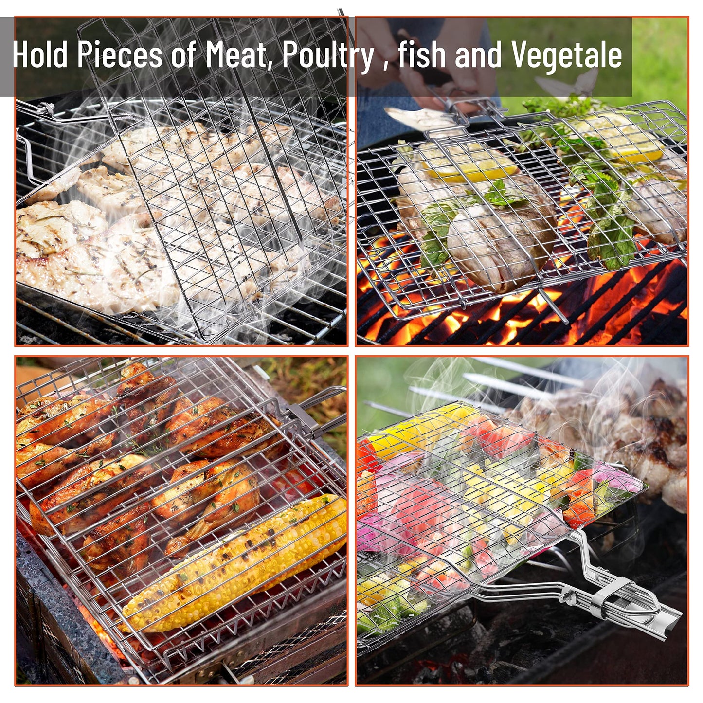 UNCO- Fish Grilling Basket, 2 Sets, Folding Portable Stainless Steel BBQ Grill Basket with Removable Handle and Silicon Basting Brush for Fish, Vegetables, Shrimp, Gifts for Dad, Husband & Friend