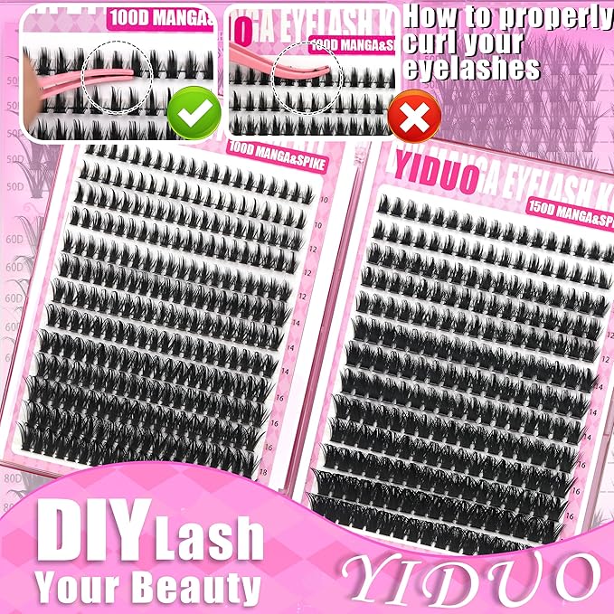 YIDUO Lash Clusters Kit 1021Pcs Volume Clusters Lashes Extensions with 2X Bond and Seal cat eye 50D/60D/80D + Manga 100D/150D Spikes Eyelash Cluster Kit 10-18mm Wispy Individual Lash DIY at Home