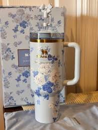 Blue Flowers Stanley Quencher Tumbler 40oz with Gift Box – Insulated Travel Mug with Handle & Straw