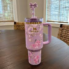 Purple Flowers Stanley Quencher Tumbler 40oz with Gift Box – Insulated Travel Mug with Handle & Straw
