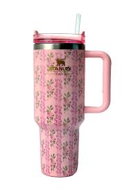 Pink Flowers Stanley Quencher Tumbler 40oz with Gift Box – Insulated Travel Mug with Handle & Straw