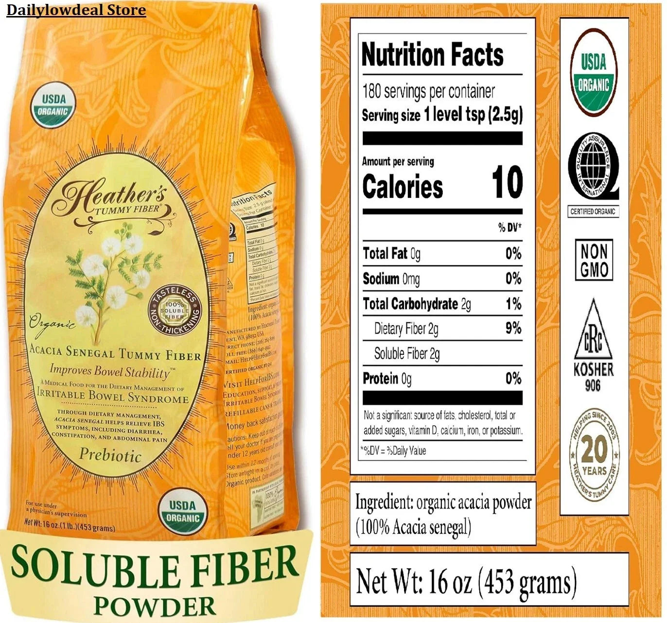Heather's Tummy Fiber Acacia Senegal Packets for IBS, 16 Ounce Pouch